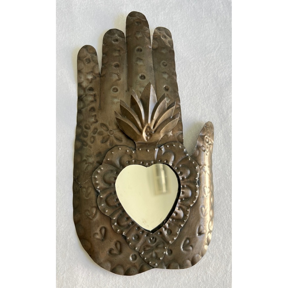 Mexican Stamped Tin Folk Art Mirror Sacred Heart Milagro Wall Decor Hand